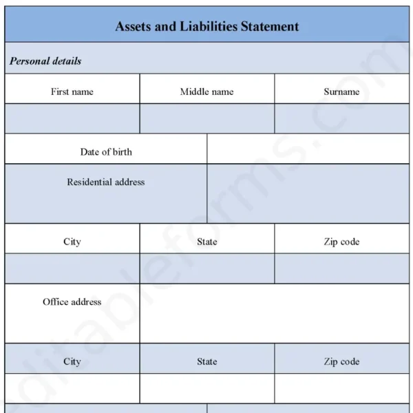 Assets and Liabilities Statement Fillable PDF Form