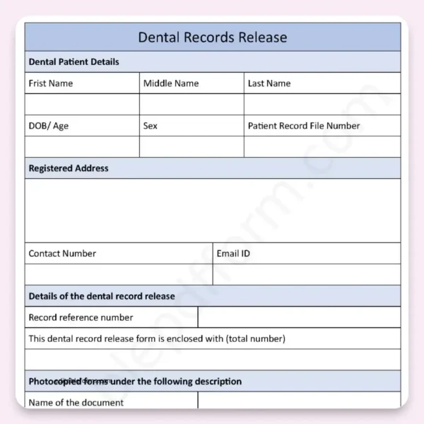 Dental Records Release Fillable PDF Form