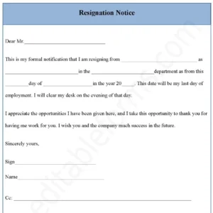 Resignation Notice Fillable PDF Form