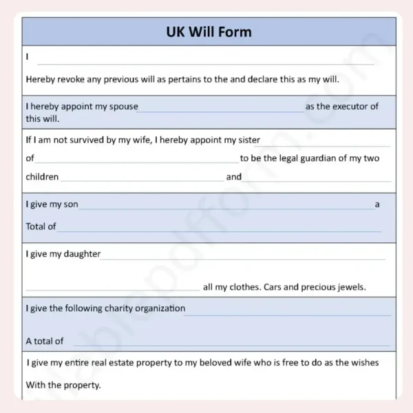 UK Will Fillable PDF Form