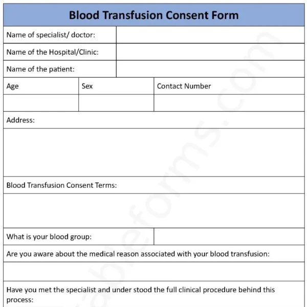 Blood Transfusion Consent Fillable PDF Form