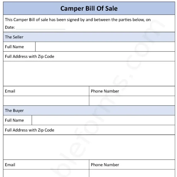 Camper Bill of Sale Fillable PDF Form