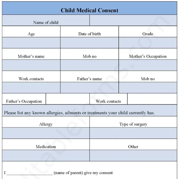 Child Medical Consent Fillable PDF Form