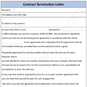 Contract Termination Letter Fillable PDF Form