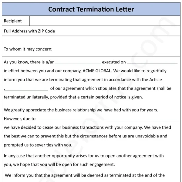 Contract Termination Letter Fillable PDF Form