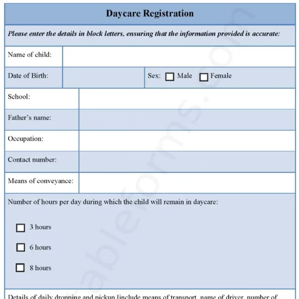 Daycare Registration Fillable PDF Form