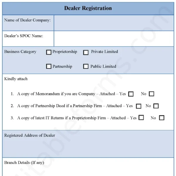 Dealer Registration Fillable PDF Form