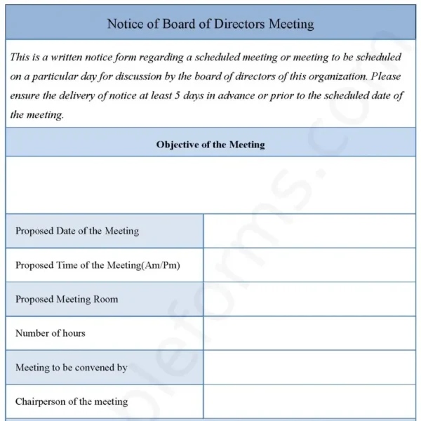 Notice of Board of Directors Meeting Fillable PDF Form