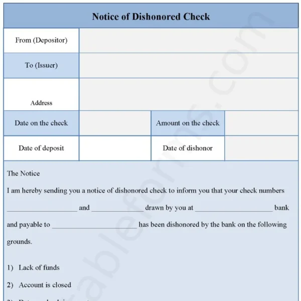 Notice of Dishonored Check Fillable PDF Form