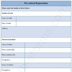 Pre-School Registration Fillable PDF Form