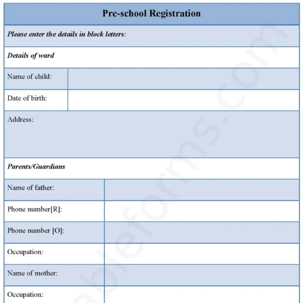 Pre-School Registration Fillable PDF Form