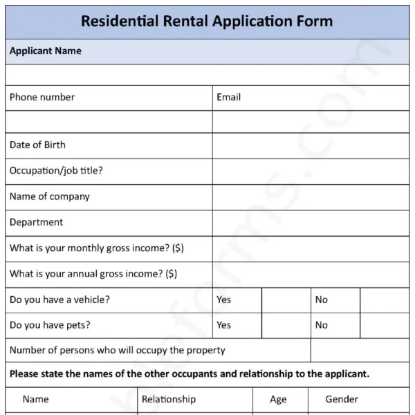 Residential Rental Application Fillable PDF Form