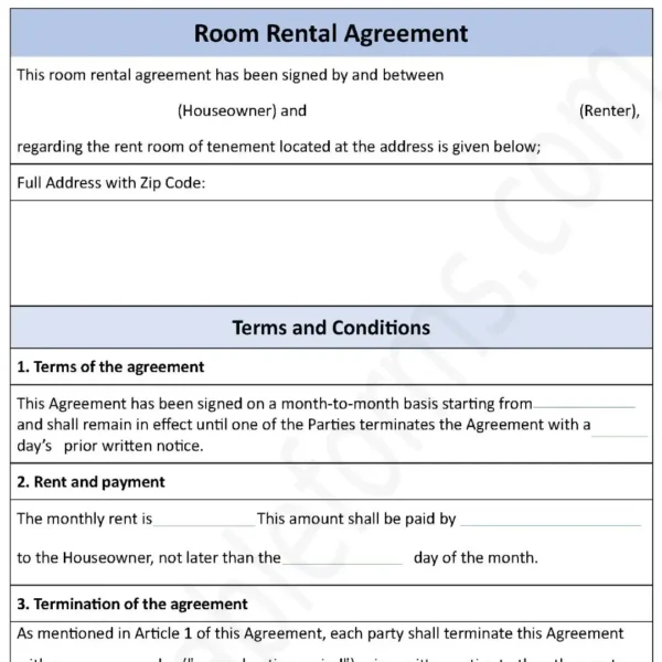 Room Rental Agreement Fillable PDF Form