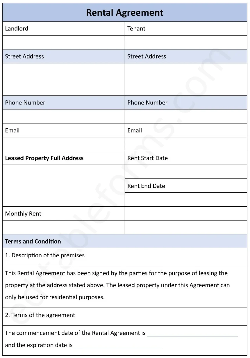 Basic Rental Agreement Fillable PDF Form