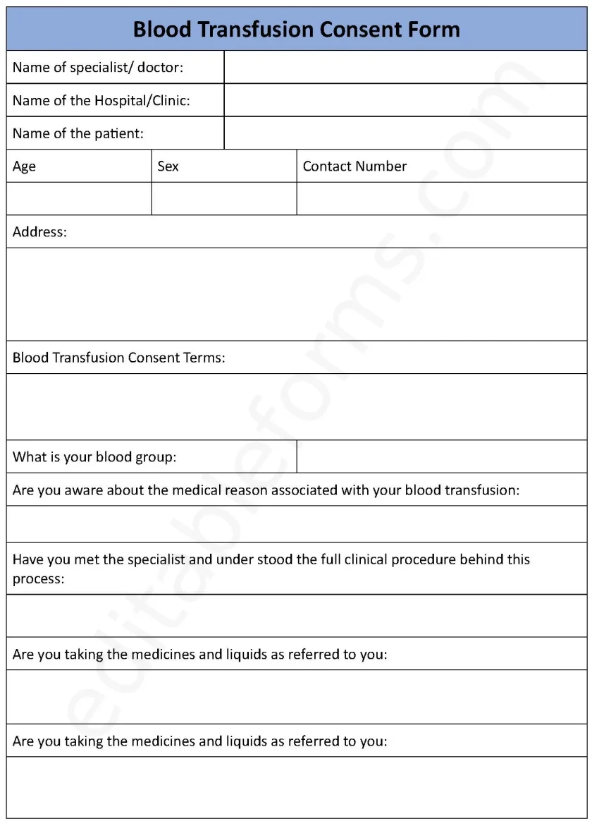 Blood Transfusion Consent Fillable PDF Form