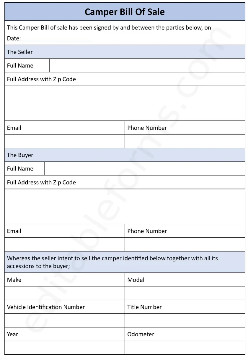 Camper Bill of Sale Form