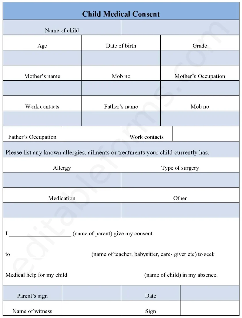 Child Medical Consent Fillable PDF Form