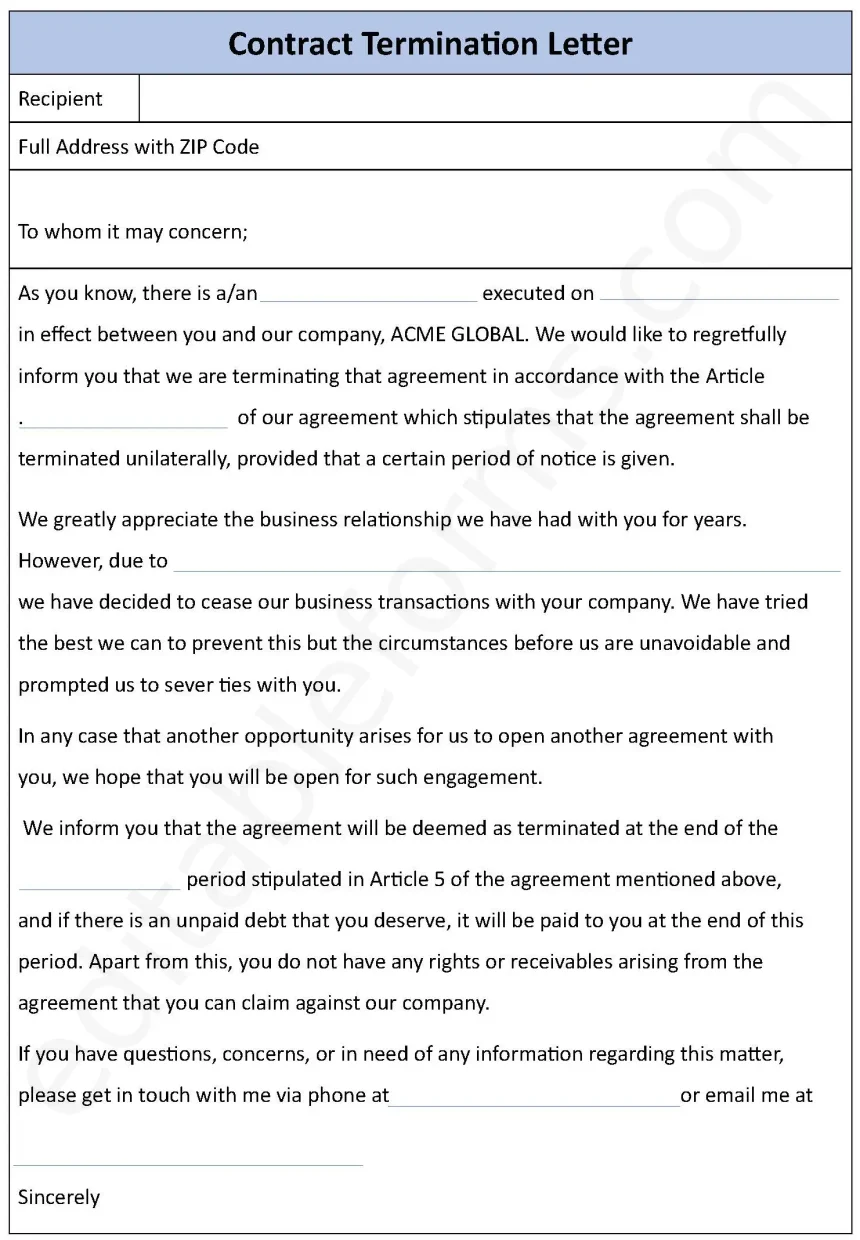 Contract Termination Letter Fillable PDF Form