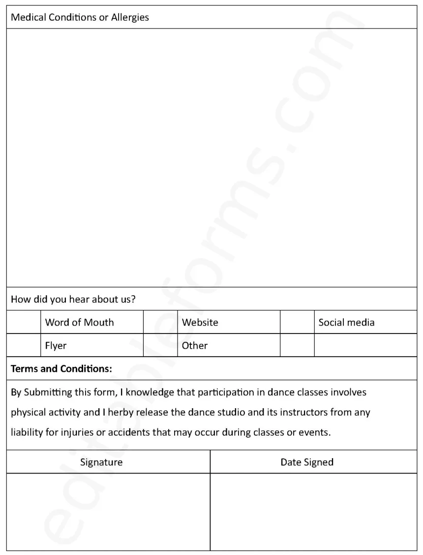 Dance Classes Registration Fillable PDF Form