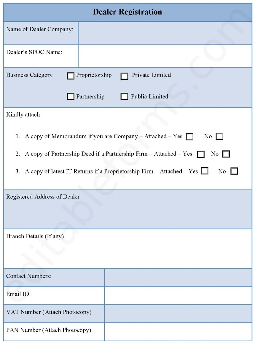 Dealer Registration Fillable PDF Form