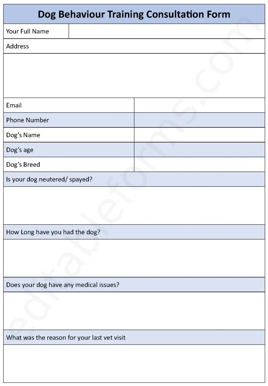 Dog Behavior Training Consultation Fillable PDF Form