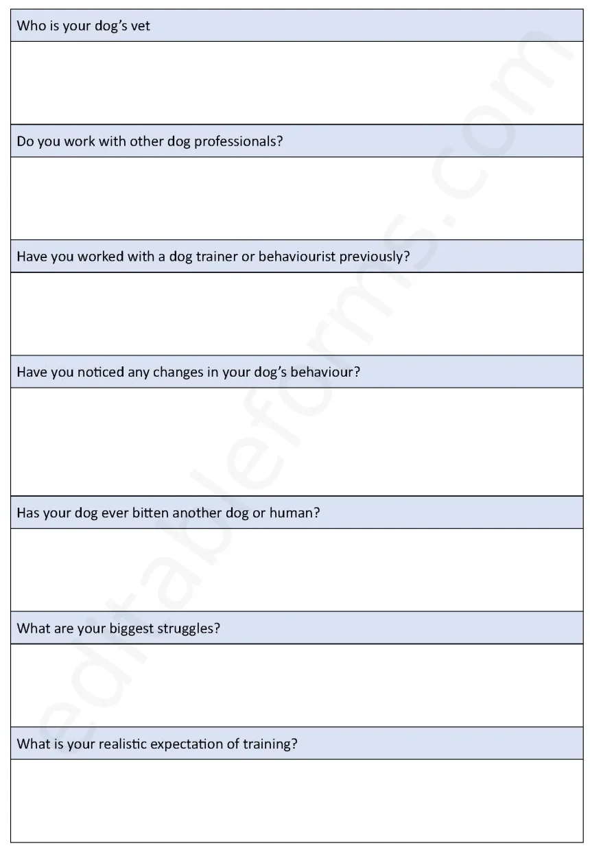 Dog Behavior Training Consultation Fillable PDF Form