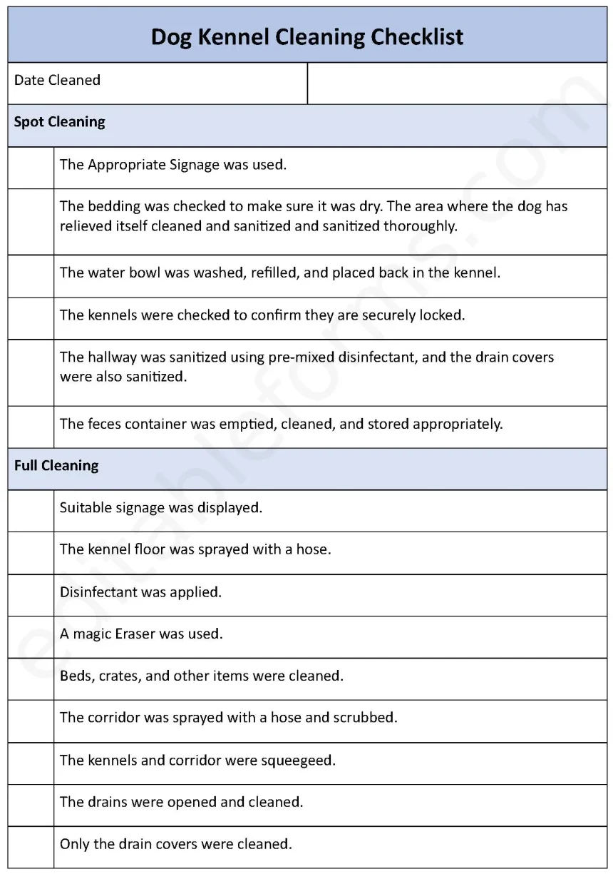 Dog Kennel Cleaning Checklist Fillable PDF Form