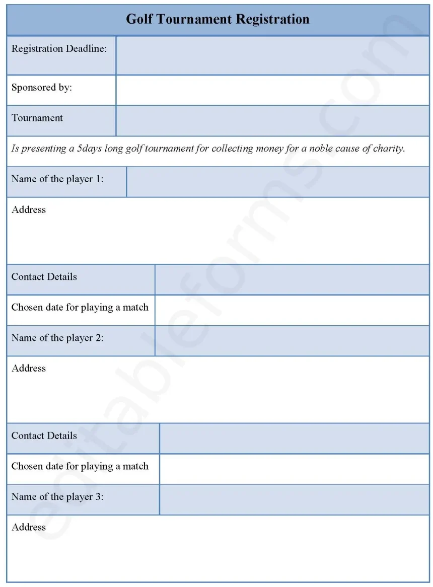 Golf Tournament Registration Fillable PDF Form