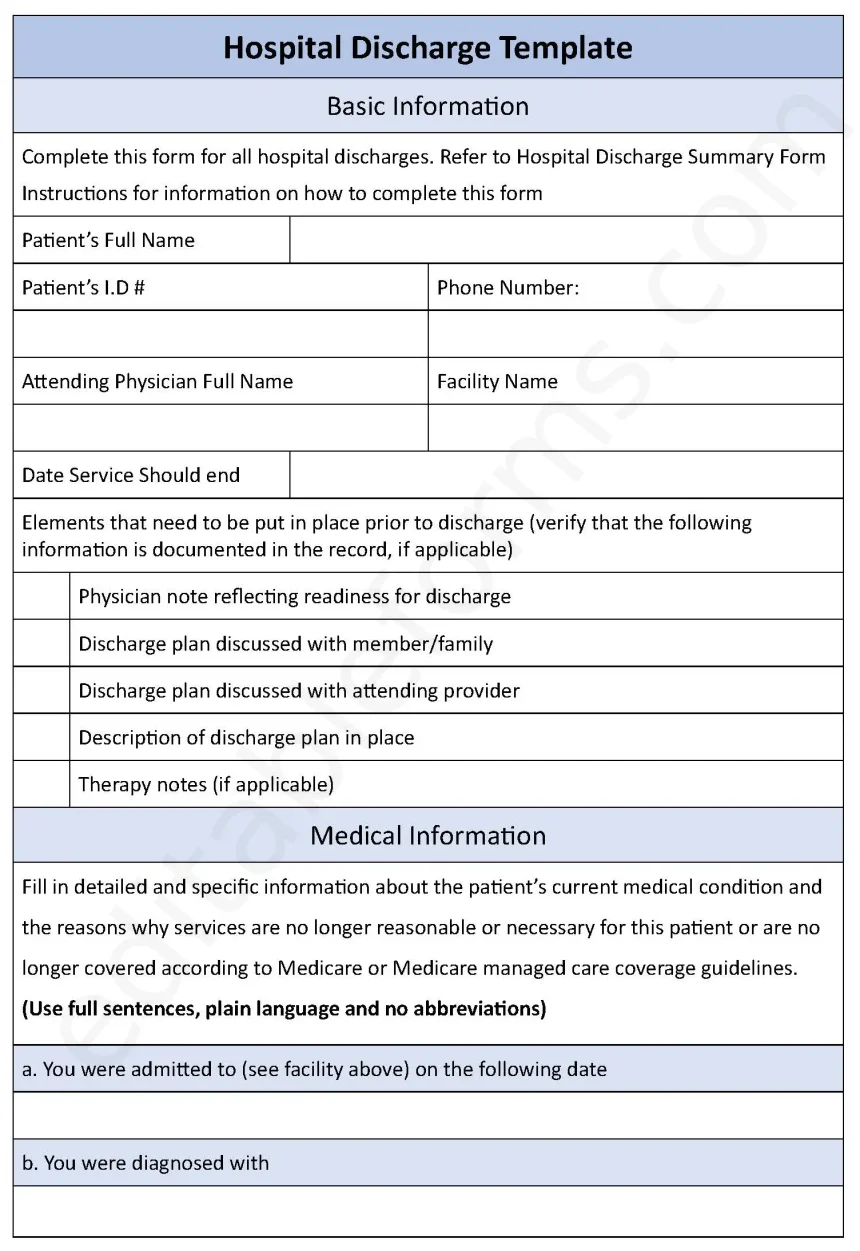 Hospital Discharge Fillable PDF Form