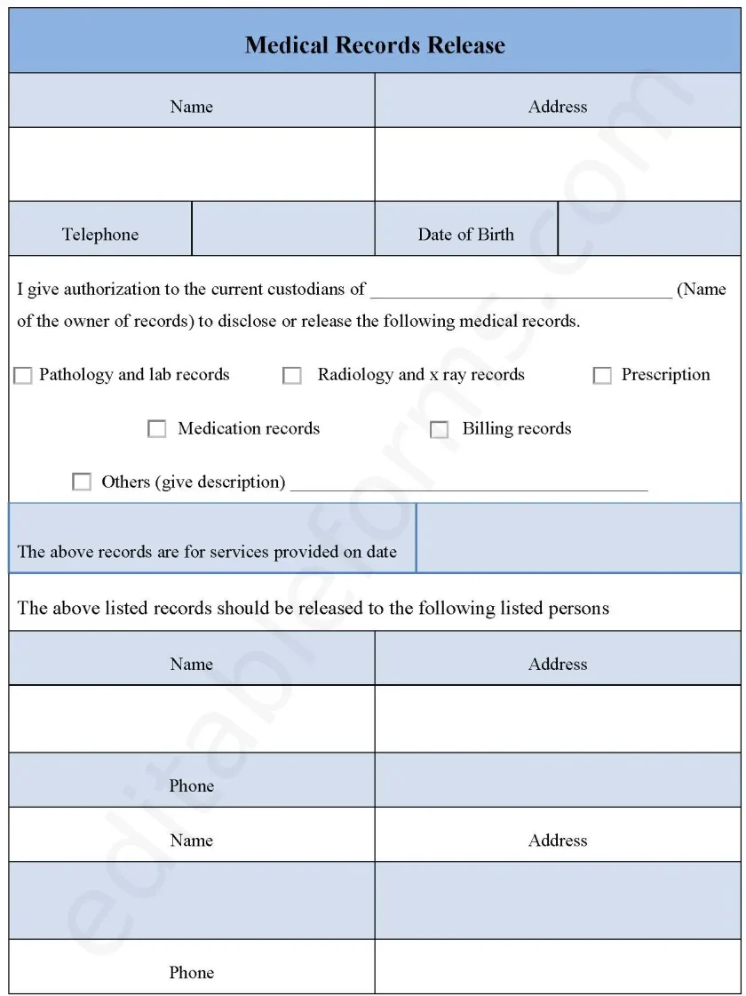 Medical Records Release Fillable PDF Form