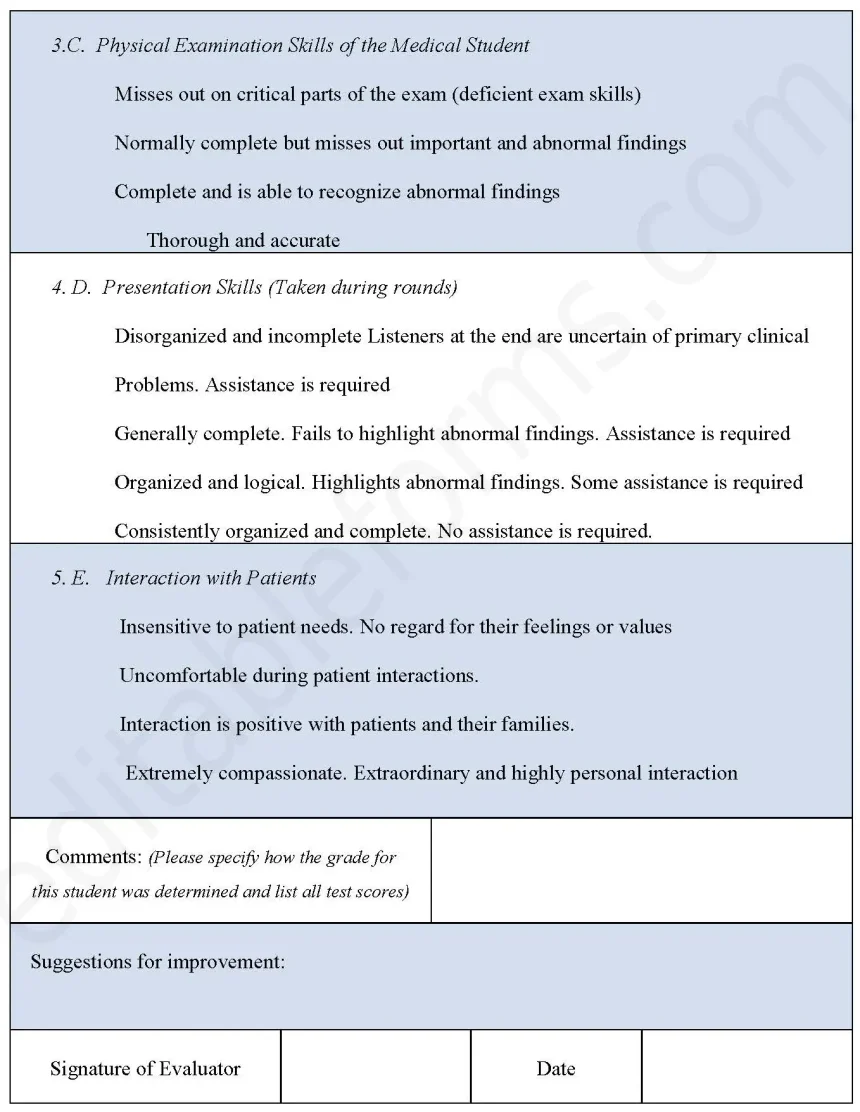 Medical Student Evaluation Fillable PDF Form