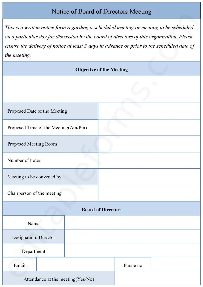 Notice of Board of Directors Meeting Fillable PDF Form