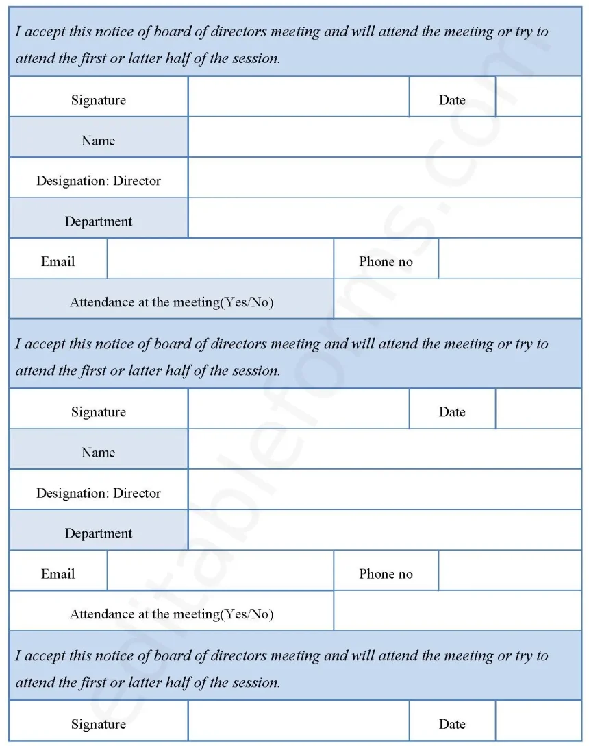 Notice of Board of Directors Meeting Fillable PDF Form