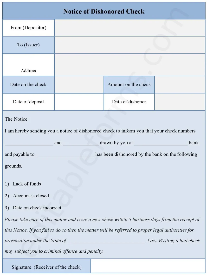 Notice of Dishonored Check Fillable PDF Form