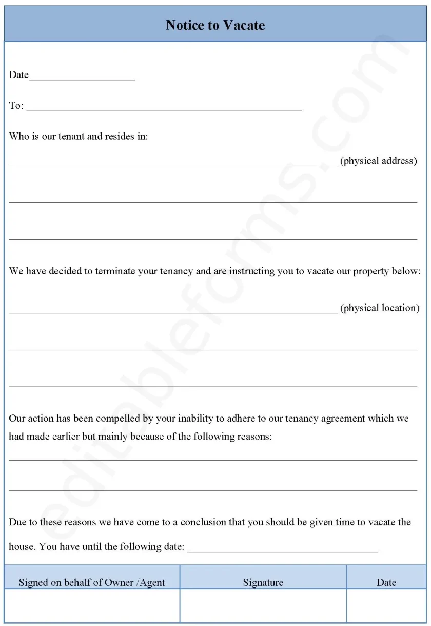 Notice to Vacate Fillable PDF Form