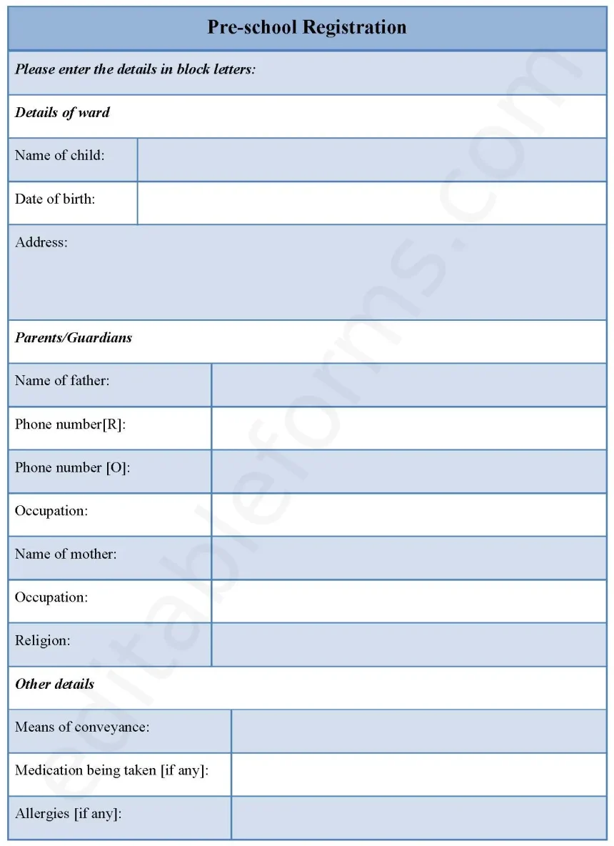 Pre-School Registration Fillable PDF Form