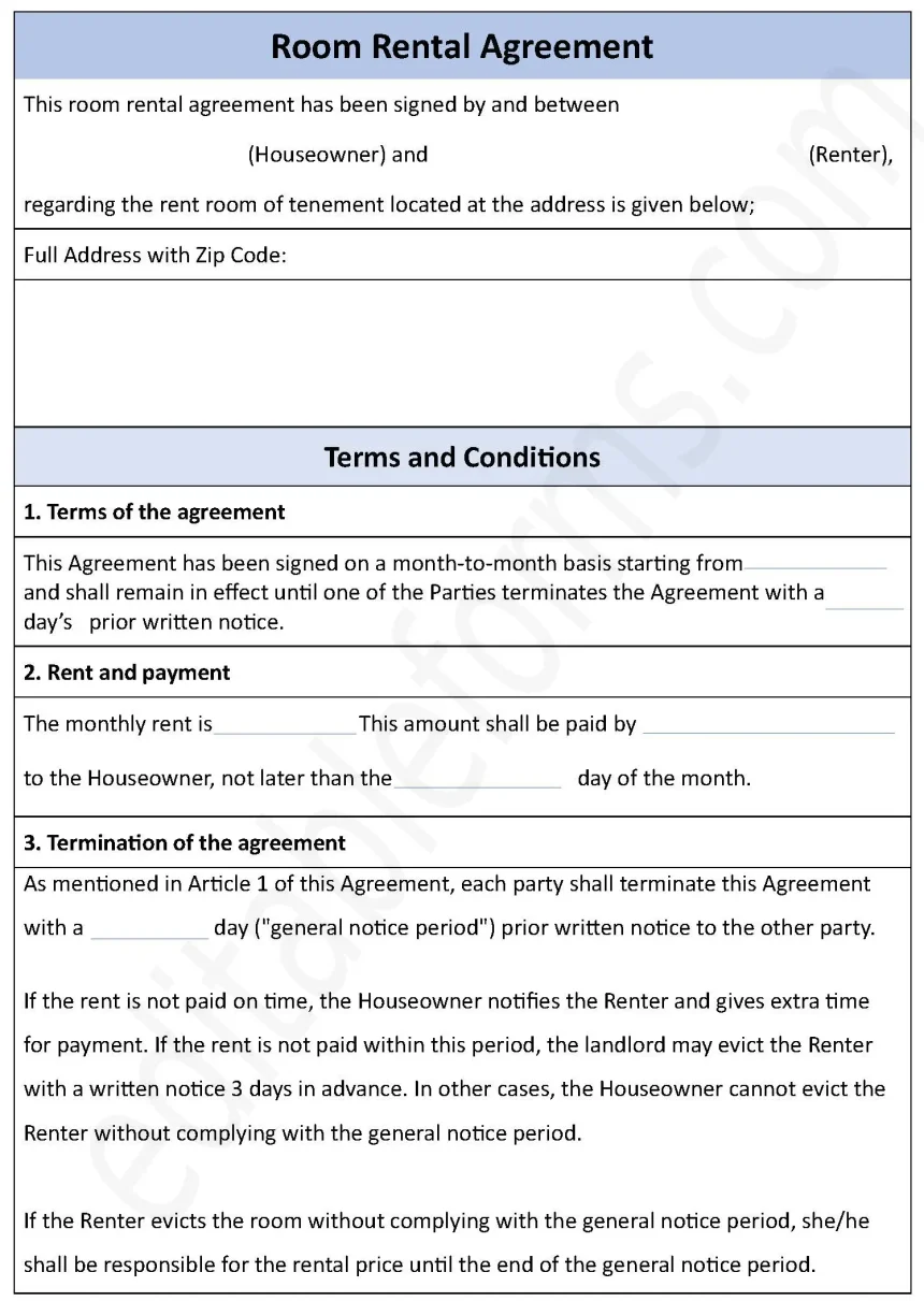 Room Rental Agreement Fillable PDF Form