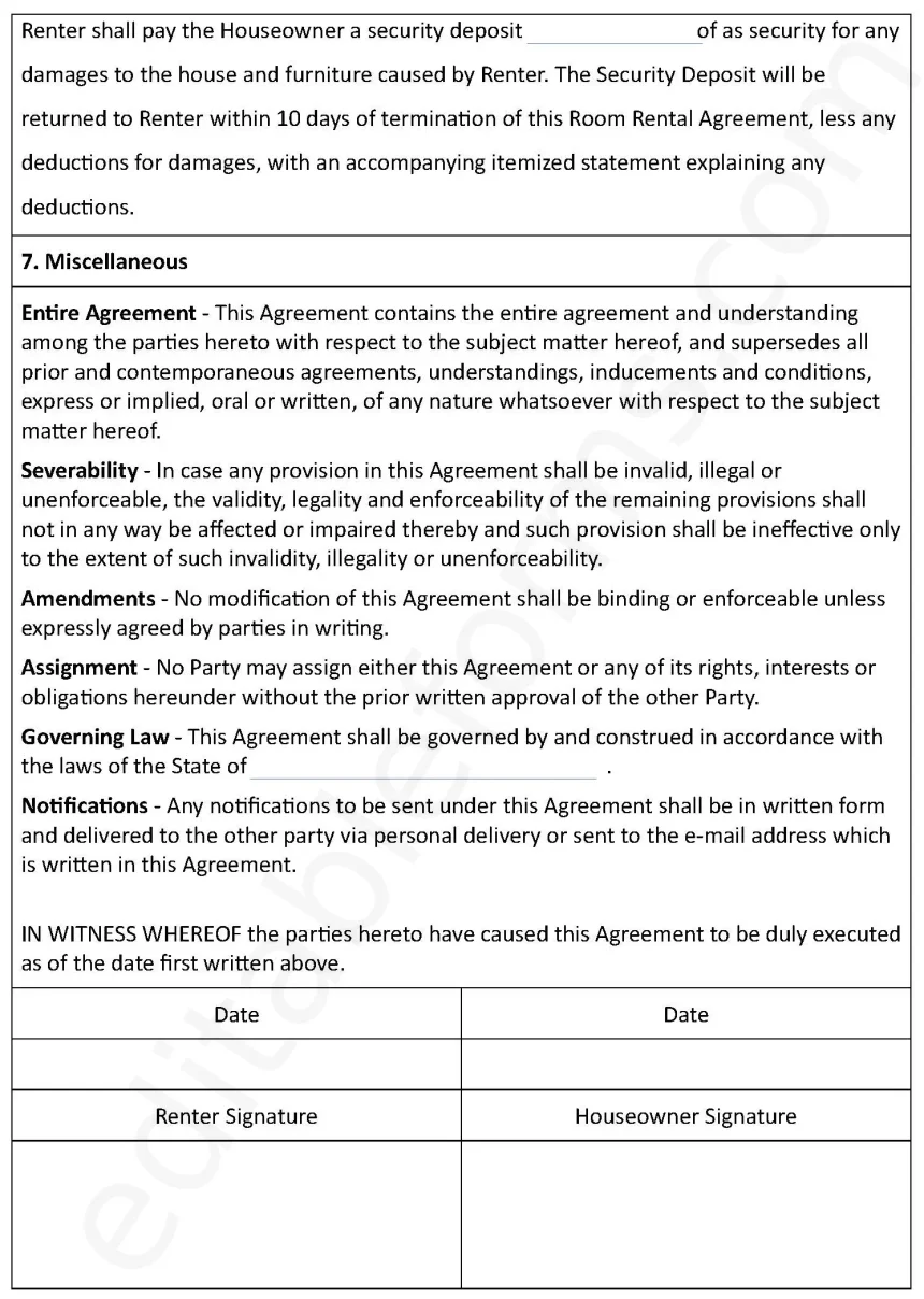 Room Rental Agreement Fillable PDF Form