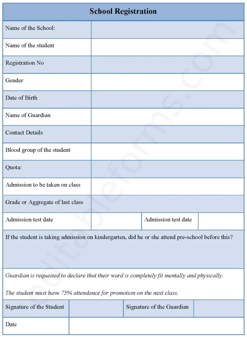 School Registration Fillable PDF Form