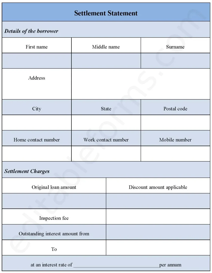 Settlement Statement Fillable PDF Form