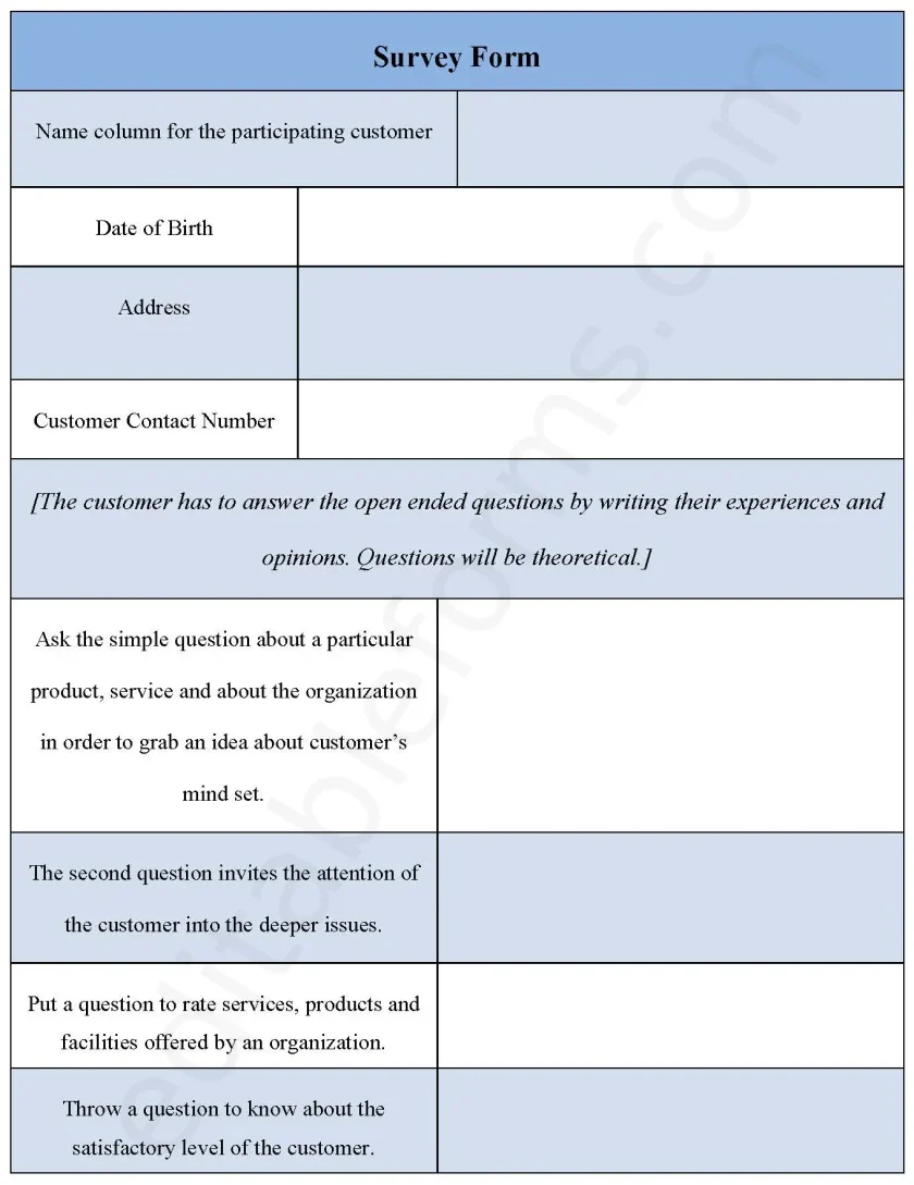 Survey Form Format Fillable PDF Form